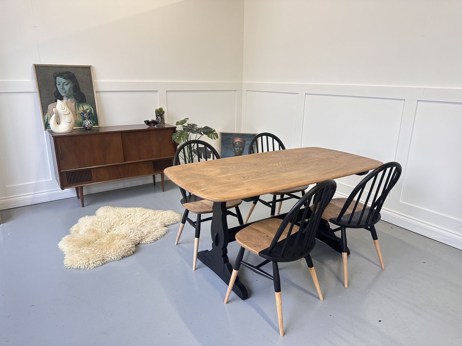 Ercol Blonde And Black Hand Painted Dining Table & Chairs Elm And Beach Wood
