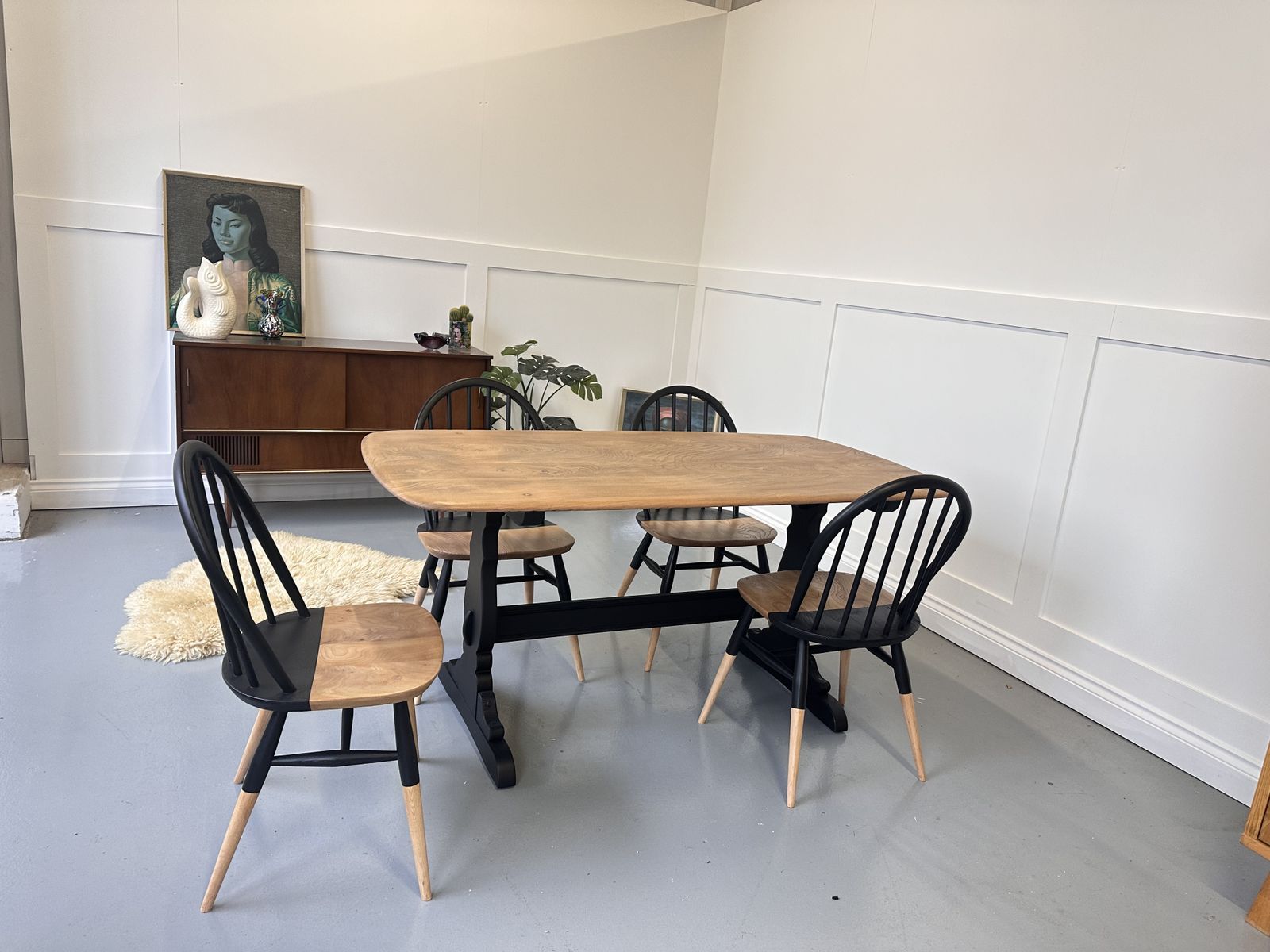 photo for sale Ercol Blonde And Black Hand Painted Dining Table & Chairs Elm And Beach Wood