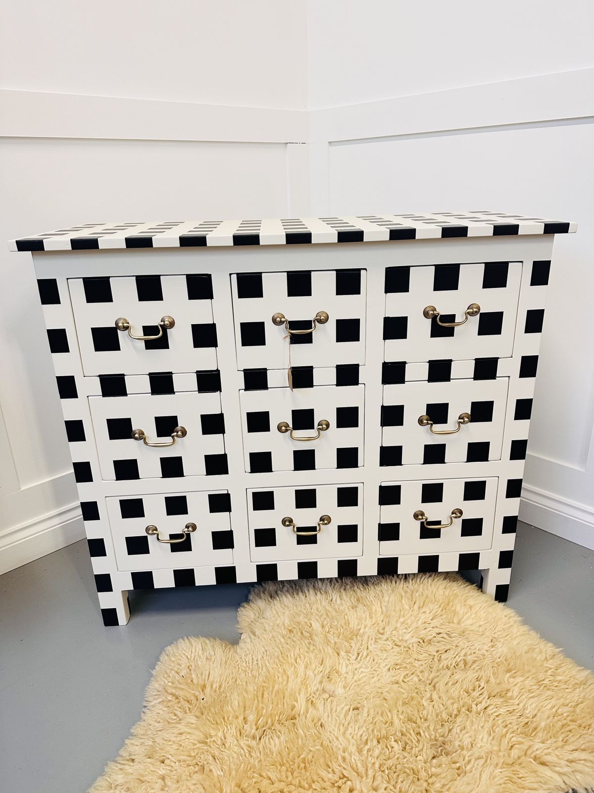 Striped/ Checkered Black And White Vintage Chest Of Drawers With Brass Handles, Painted To Order photo vintage
