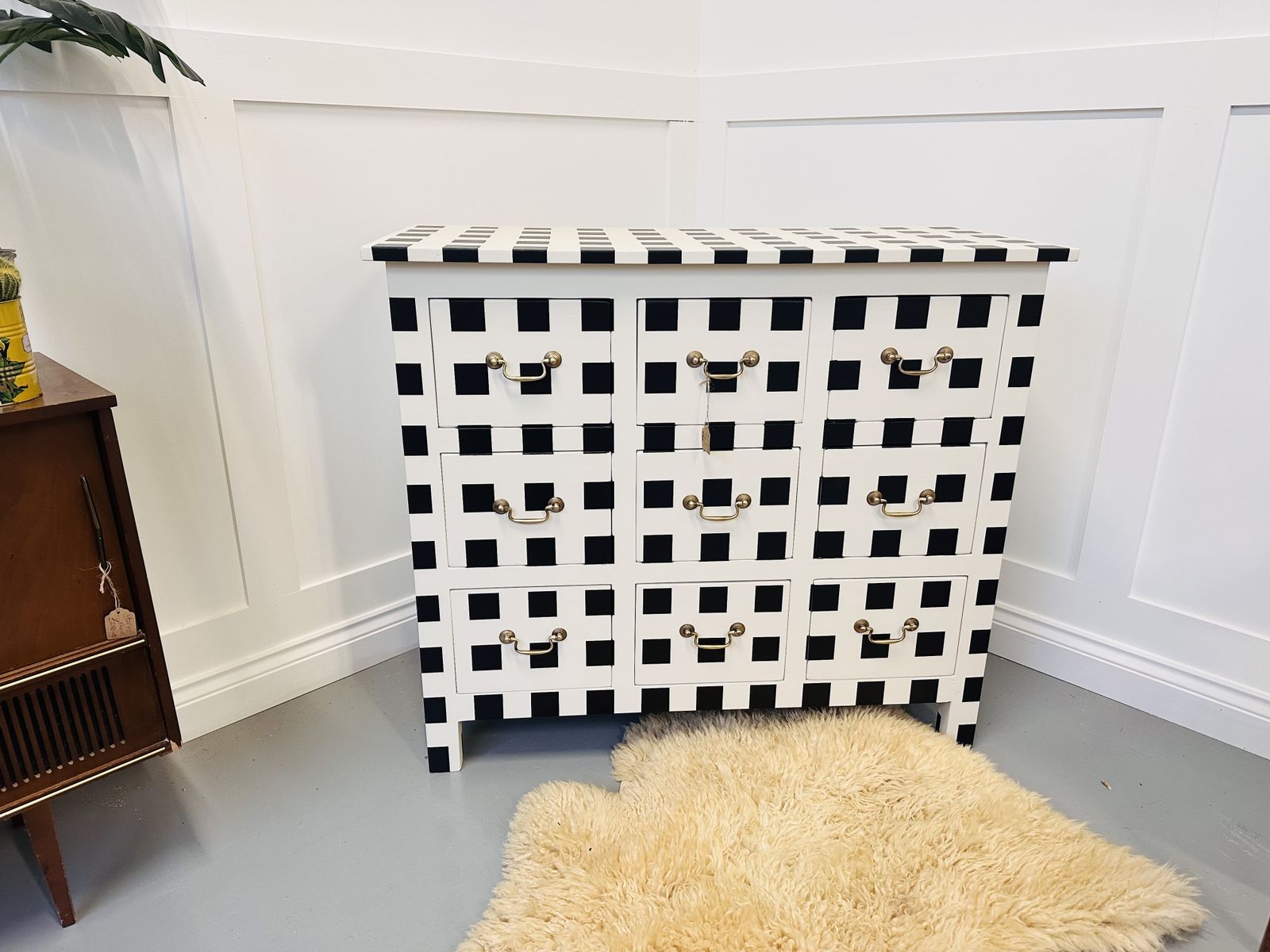 photo for sale Striped/ Checkered Black And White Vintage Chest Of Drawers With Brass Handles, Painted To Order