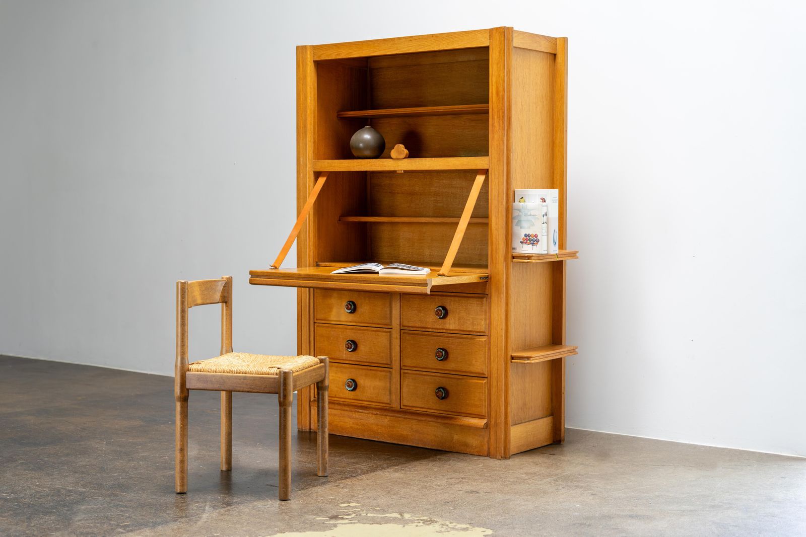 Oak Secretary With Ceramic Handles By Guillerme & Chambron, France, 1960s photo 9100.0