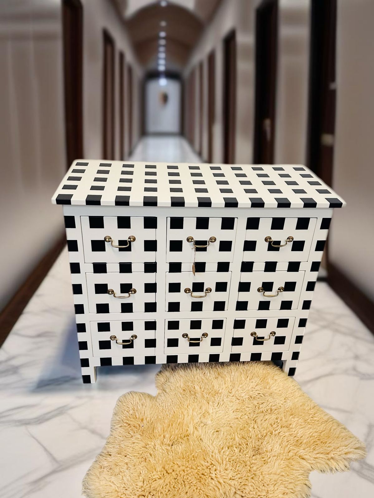 Furniture Striped/ Checkered Black And White Vintage Chest Of Drawers With Brass Handles, Painted To Order photo