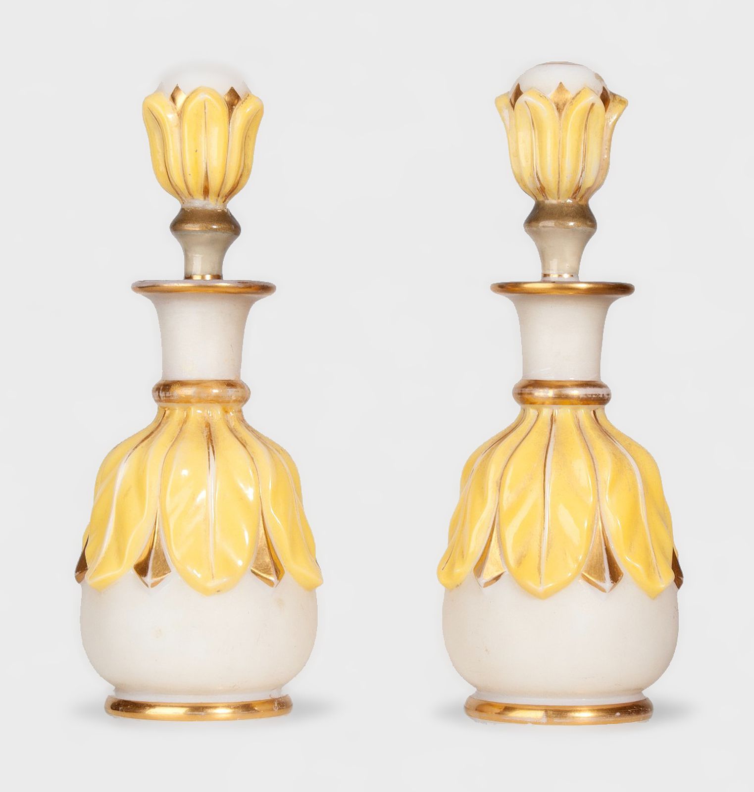 Pair Of Late 19th Century Bohemian/Art Nouveau Opaline Glass And Gold Enamel Flower Shaped Perfume Decanters/Scent Bottles With Stoppers, France