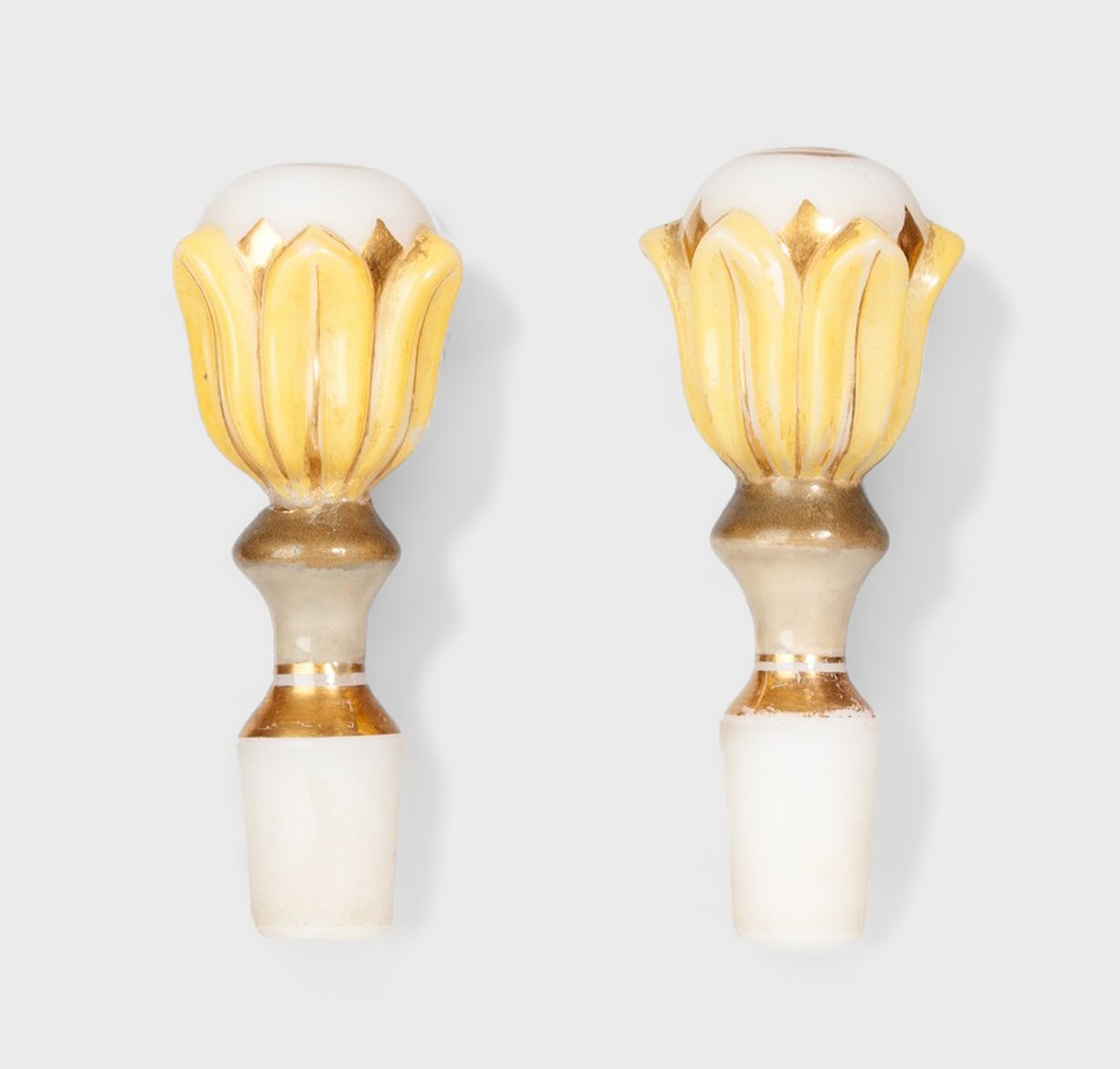 Pair Of Late 19th Century Bohemian/Art Nouveau Opaline Glass And Gold Enamel Flower Shaped Perfume Decanters/Scent Bottles With Stoppers, France photo Home Decor
