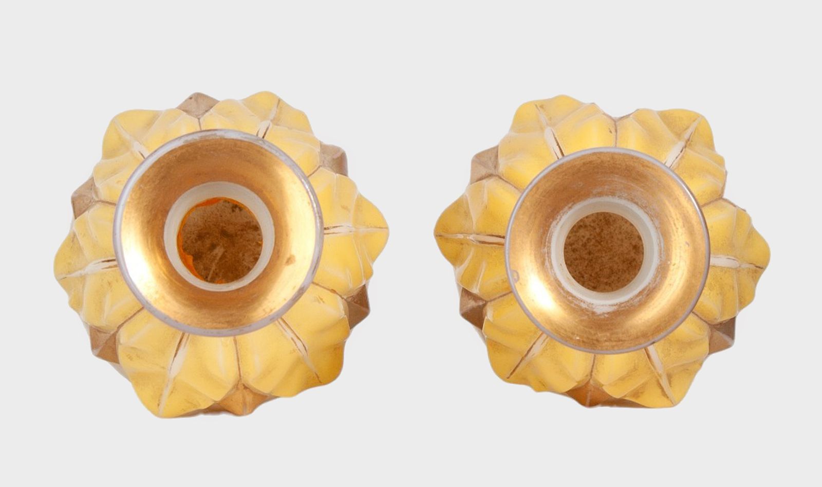 Pair Of Late 19th Century Bohemian/Art Nouveau Opaline Glass And Gold Enamel Flower Shaped Perfume Decanters/Scent Bottles With Stoppers, France photo vinterior