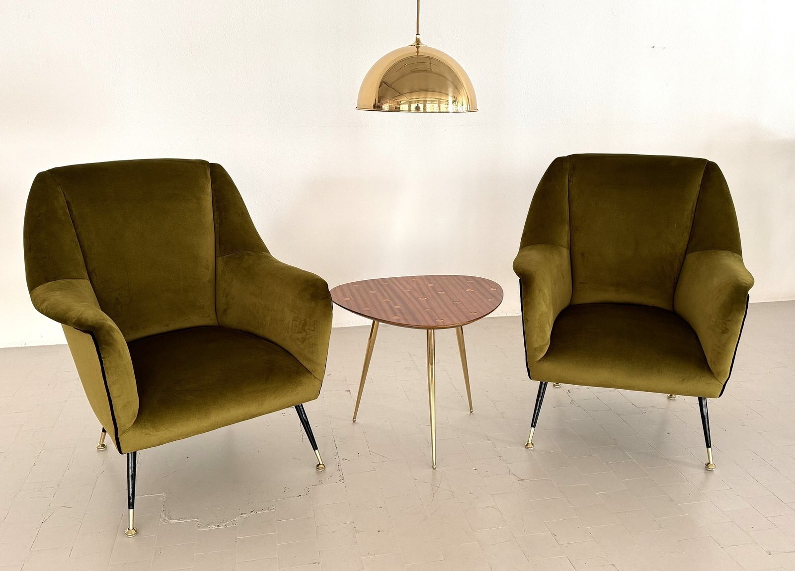 Italian Designer Pair Of Armchairs In Green Moss Velvet With Brass Feet, 1950s photo for sale