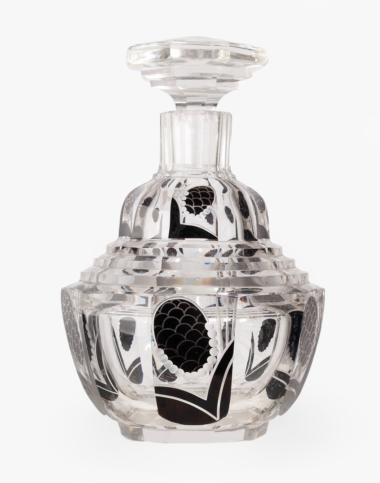 Set Of 1930s Art Déco Bohemian Black Enameled Crystal Decanter With Stopper And Six Glasses By Karl Palda, Czech Republic photo for sale