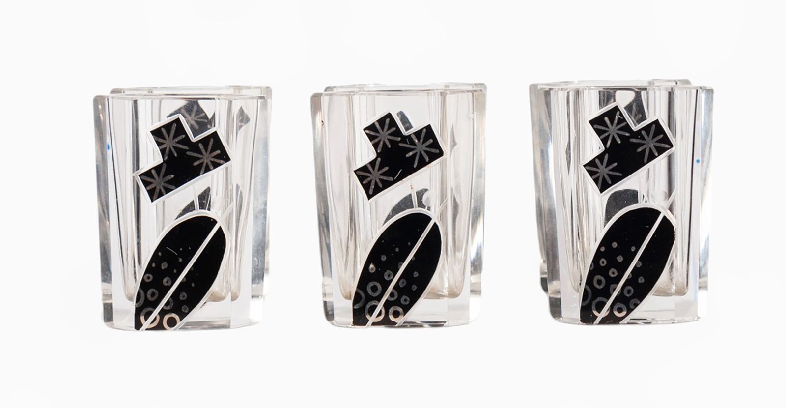 Set Of 1930s Art Déco Bohemian Black Enameled Crystal Decanter With Stopper And Six Glasses By Karl Palda, Czech Republic photo Home Decor