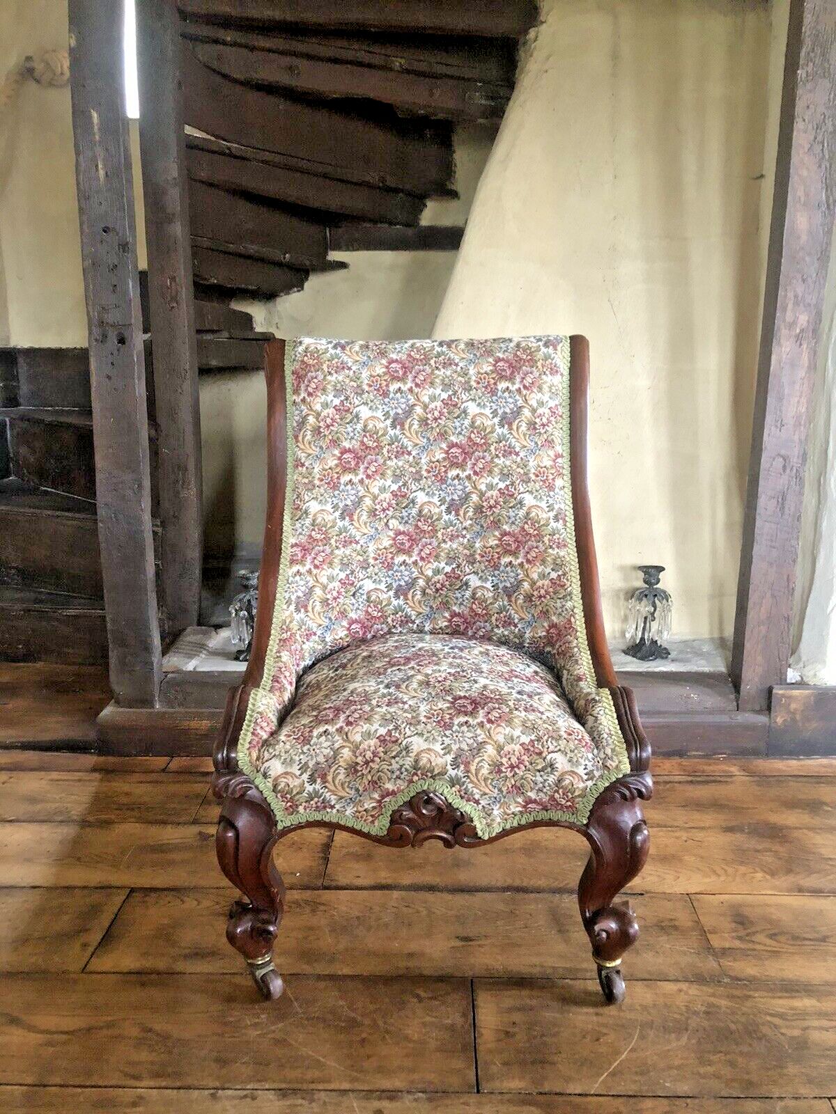 Original Antique Ornate Woven Tapestry Ladies Slipper Nursing Chair photo for sale