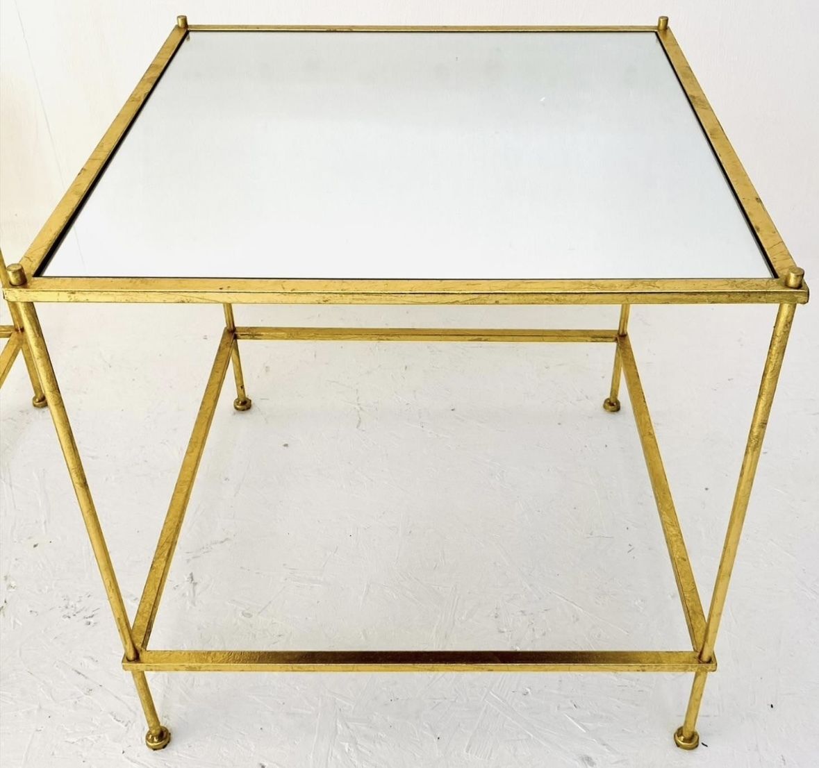 Pair Of Gilt Metal Gold Square Mirrored Glass Side Tables photo for sale