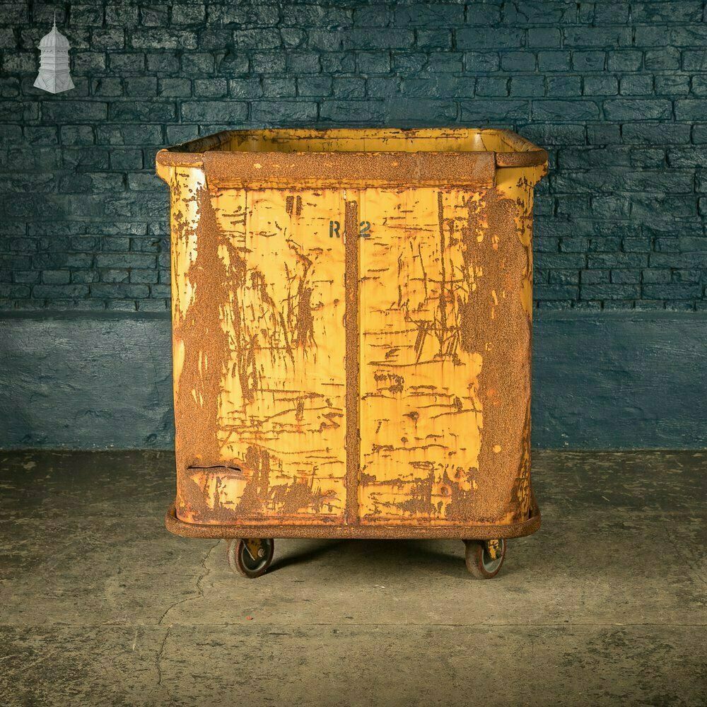 Wheeled Industrial Cart, Rusty Distressed Yellow Painted Steel, Factory Skip photo 810.0