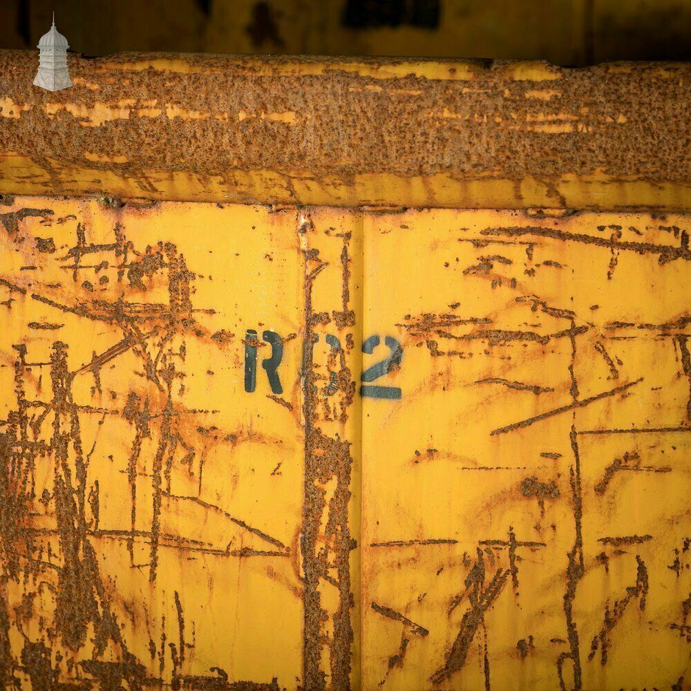 photo furniture Wheeled Industrial Cart, Rusty Distressed Yellow Painted Steel, Factory Skip