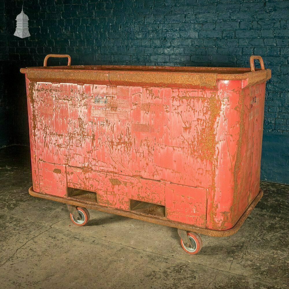 Wheeled Industrial Cart, Rusty Distressed Red Painted Steel, Factory Skip photo Furniture