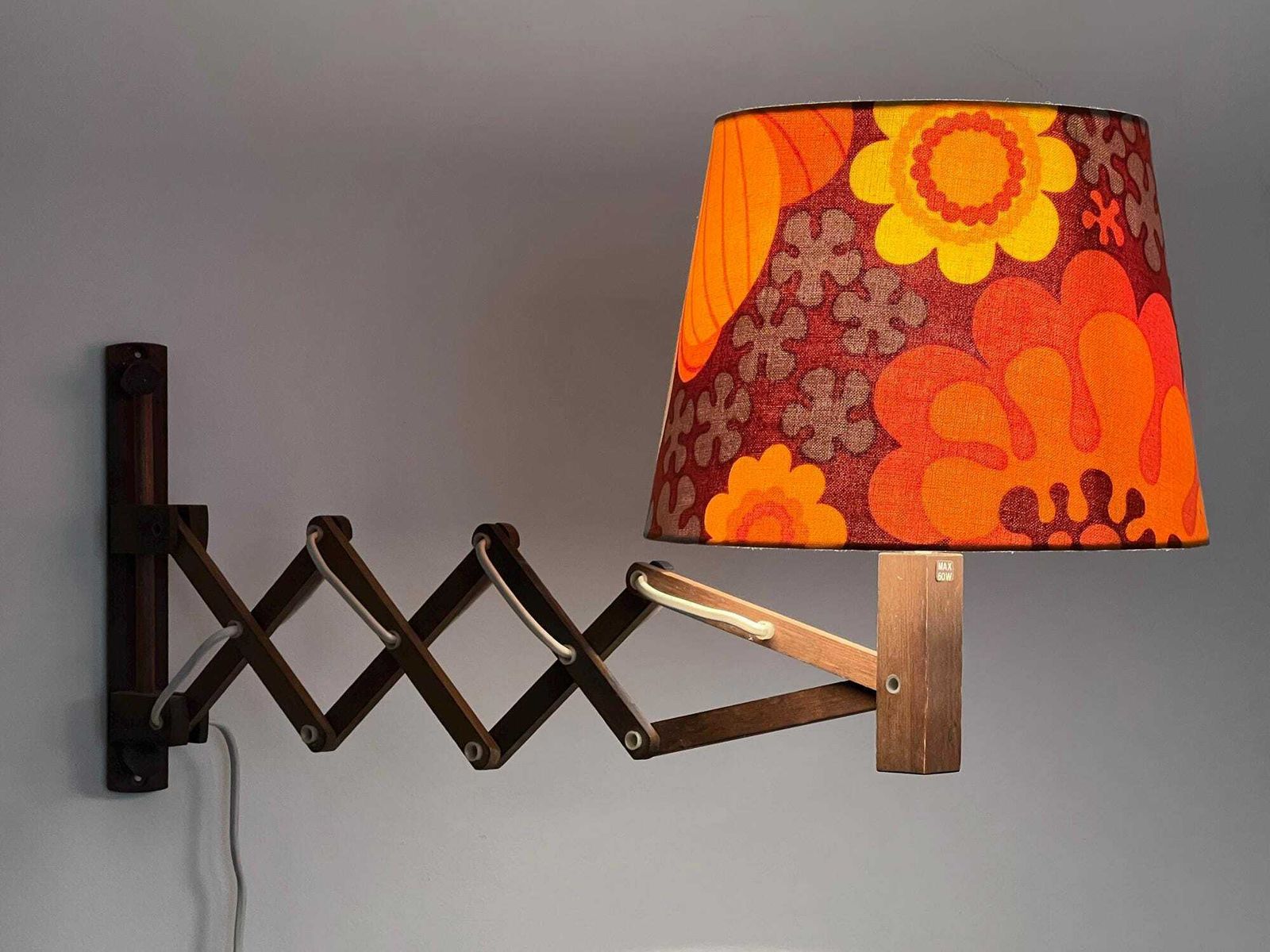 Wall Lamp/Scissor Lamp In Dyed Pine Wood From Translandia. Shade With "Folklore" Print By Göta Trädgårdh. Denmark 1960s photo for sale