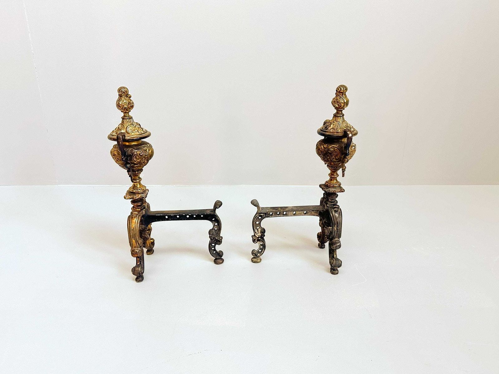 photo for sale Antique Dutch Brass Andirons   Vintage Fireplace Decor, Log Holders