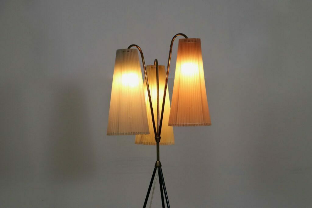 Vintage Tripod Floor Lamp In Brass And Plisse, 1950s photo Lighting
