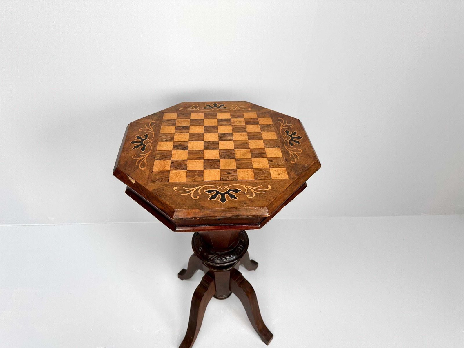 photo for sale Antique Inlaid Chess Table, Trumpet Sewing Table