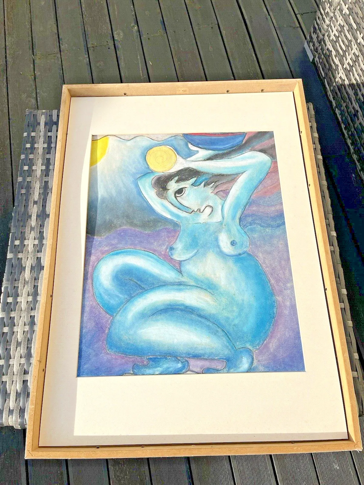 Unusual Vintage Expressionist Nude Pastel Chalk Painting Picasso Style Abstract photo for sale