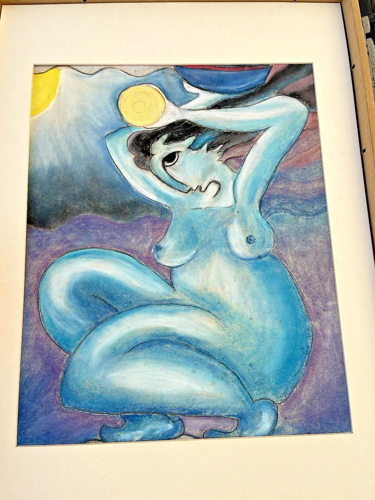 Unusual Vintage Expressionist Nude Pastel Chalk Painting Picasso Style Abstract photo vinterior