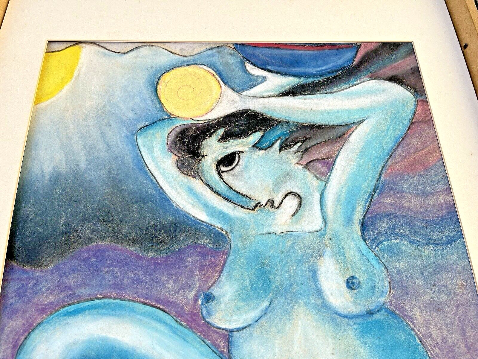 Unusual Vintage Expressionist Nude Pastel Chalk Painting Picasso Style Abstract photo buy