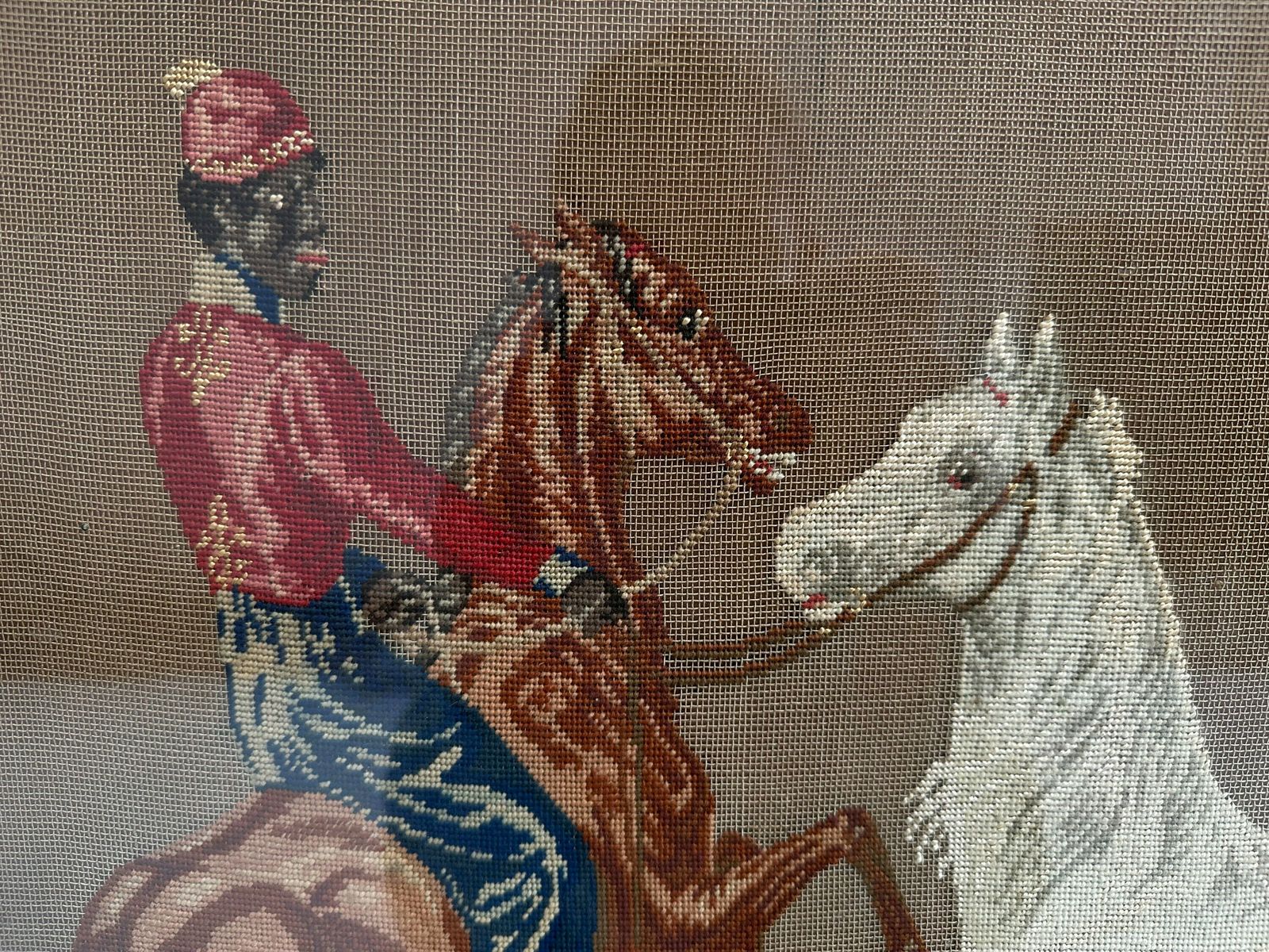 Antique Victorian Needlepoint Fire Screen photo vintage