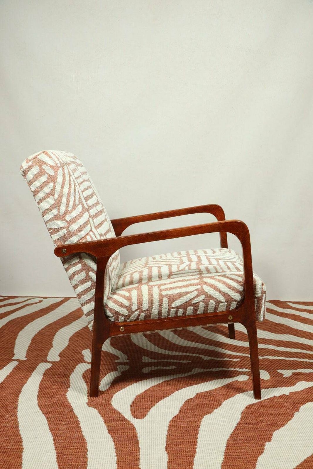 Mid Century Armchair Fabric Patterns Jacquard Upholstery Walnut Wood, Refurbished photo furniture