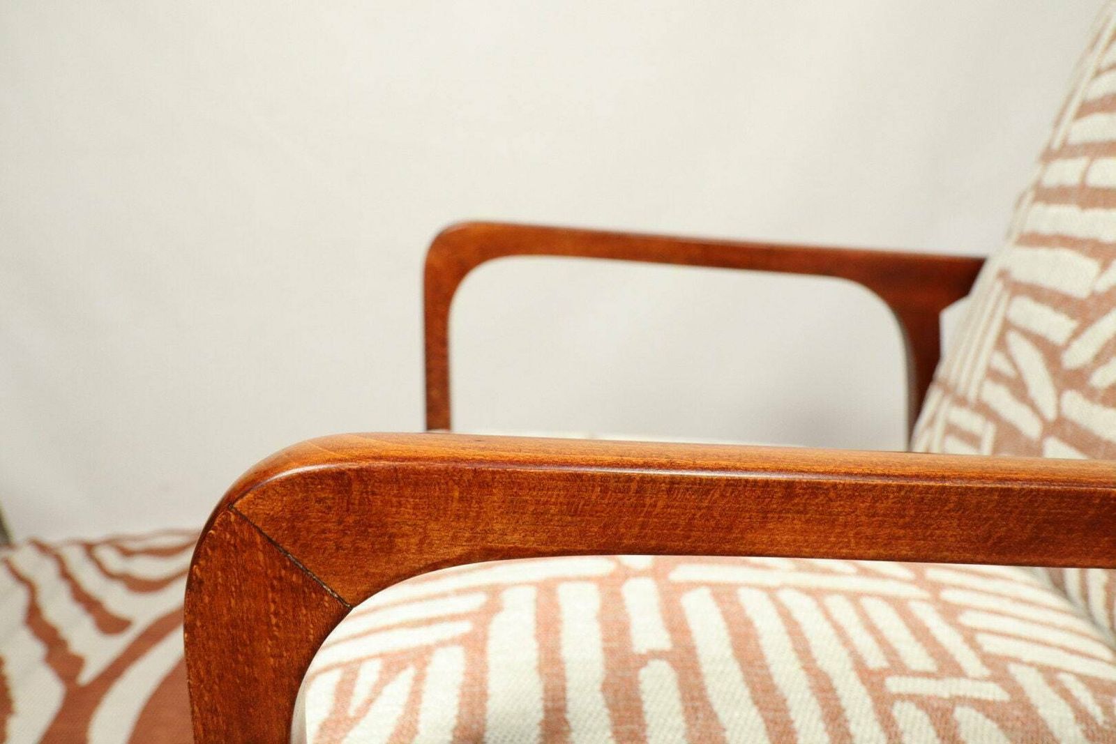 Mid Century Armchair Fabric Patterns Jacquard Upholstery Walnut Wood, Refurbished photo Furniture