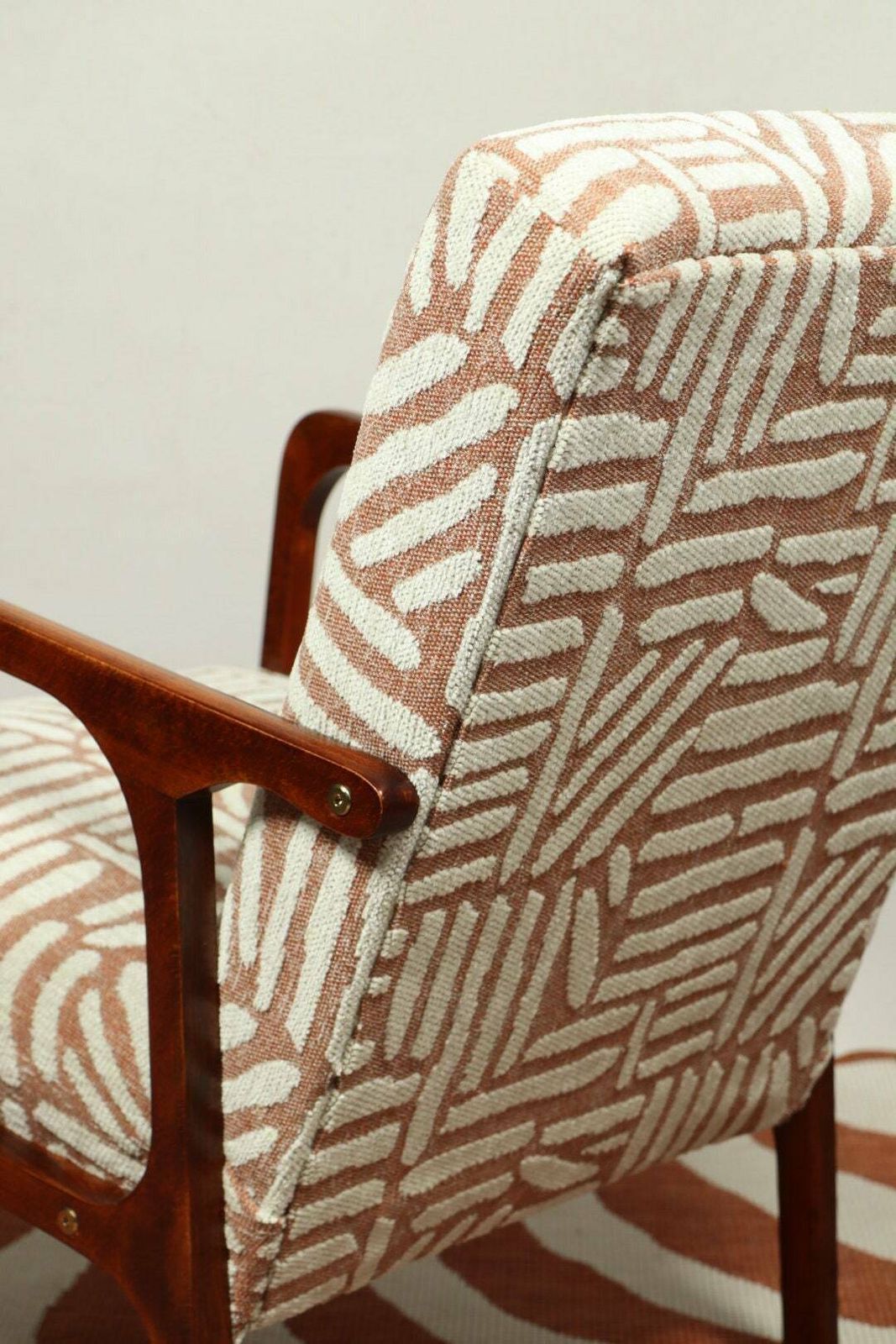 Mid Century Armchair Fabric Patterns Jacquard Upholstery Walnut Wood, Refurbished photo vinterior