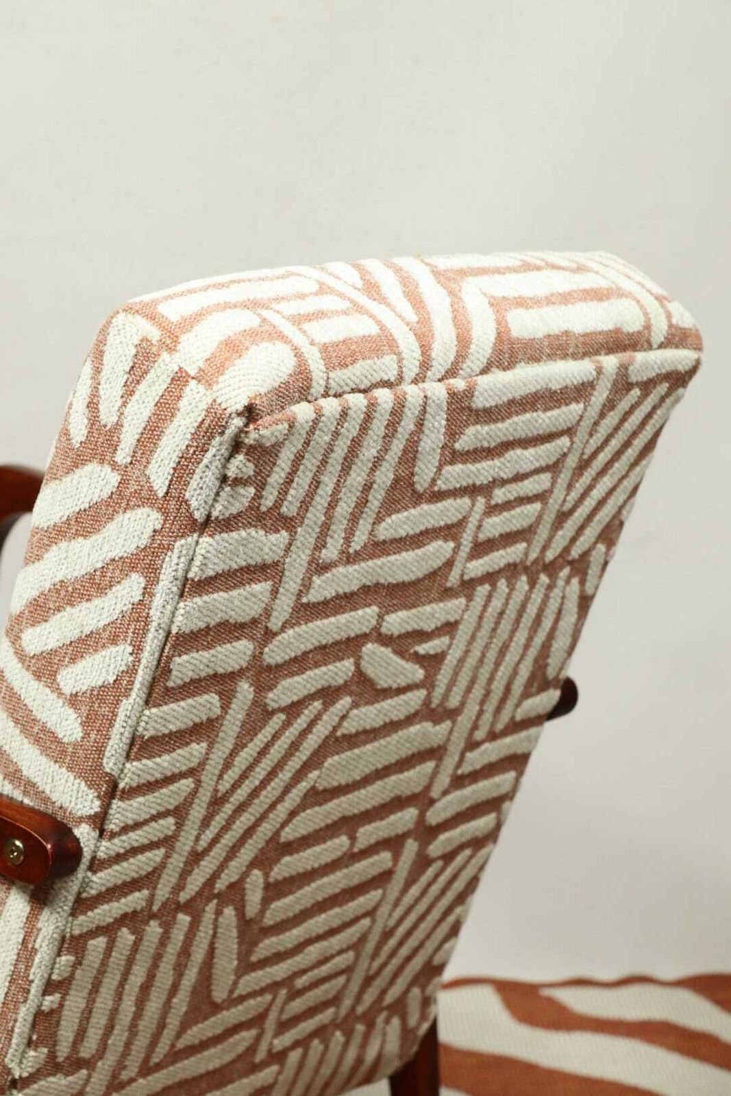 Mid Century Armchair Fabric Patterns Jacquard Upholstery Walnut Wood, Refurbished photo buy