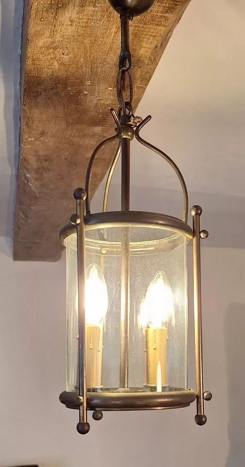 Early 20th Century French Brass Cylindrical Hall Porch Pendant Lantern Light photo for sale