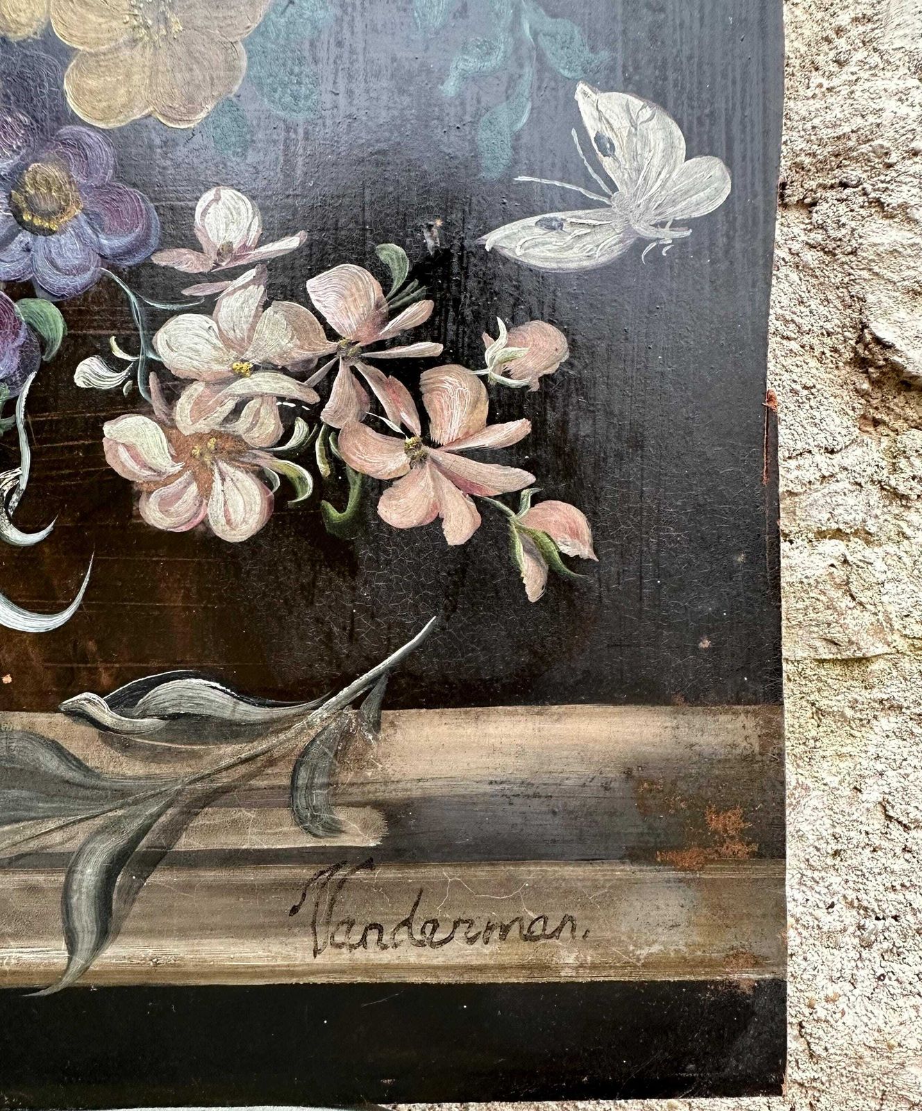 Dutch School Antique Still Life Oil Painting Flower Bouquet Black Signed Vanderman photo Art