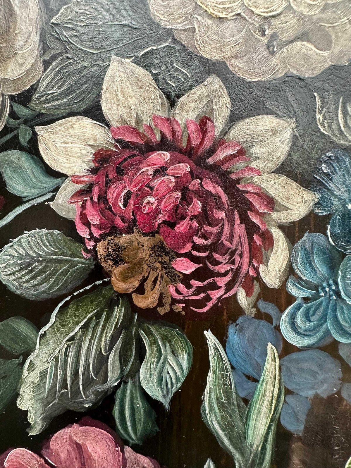 photo furniture Dutch School Antique Still Life Oil Painting Flower Bouquet Black Signed Vanderman