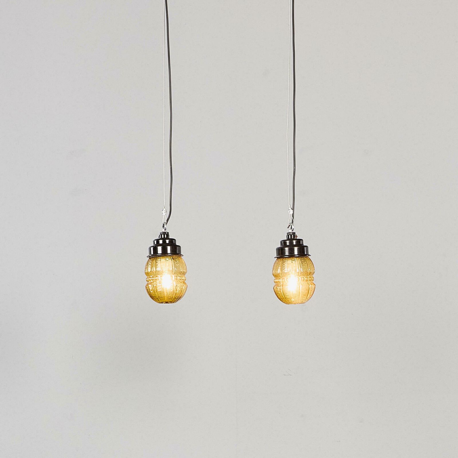 1950's New Old Stock Amber Barrel Pendant Lamps   Unique Pair