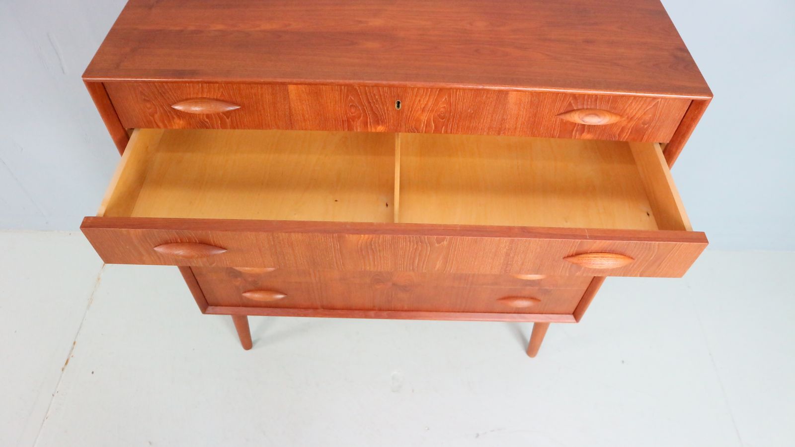 Mid Century Modern Danish Chest Of Six Drawers, Tallboy In Teak, Denmark, 1960 photo buy
