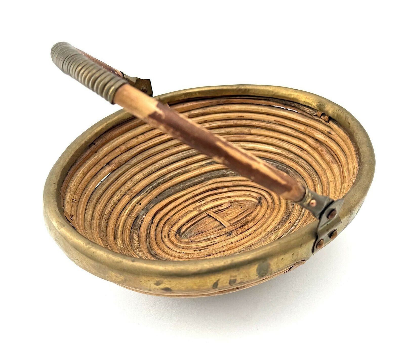 An Italian 1970s Woven Bamboo And Brass Bowl In The Style Of Gabriella Crespi photo for sale