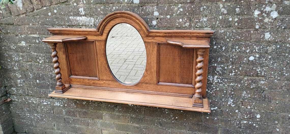 Elegant Upcycled Solid Oak Overmantel Mirror With Barley Twist Shelf And Bevelled Glass