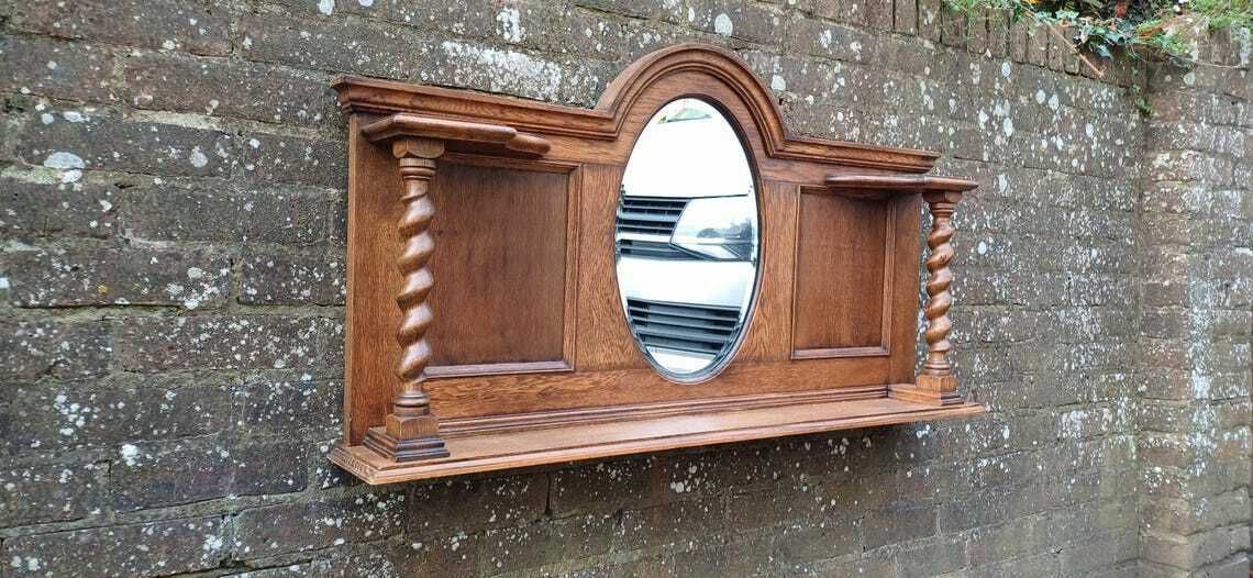 Elegant Upcycled Solid Oak Overmantel Mirror With Barley Twist Shelf And Bevelled Glass photo for sale