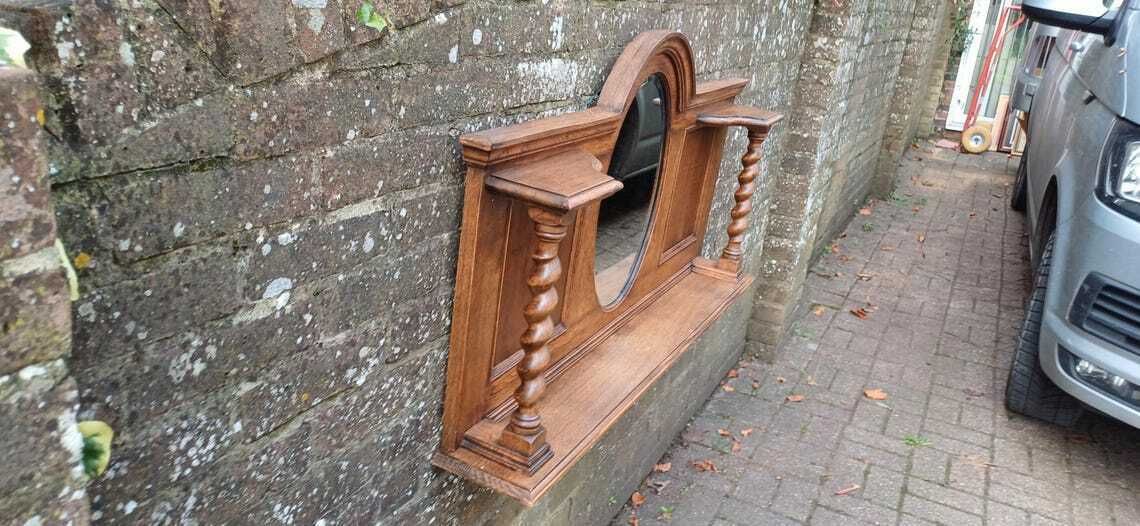 Elegant Upcycled Solid Oak Overmantel Mirror With Barley Twist Shelf And Bevelled Glass photo Home Decor
