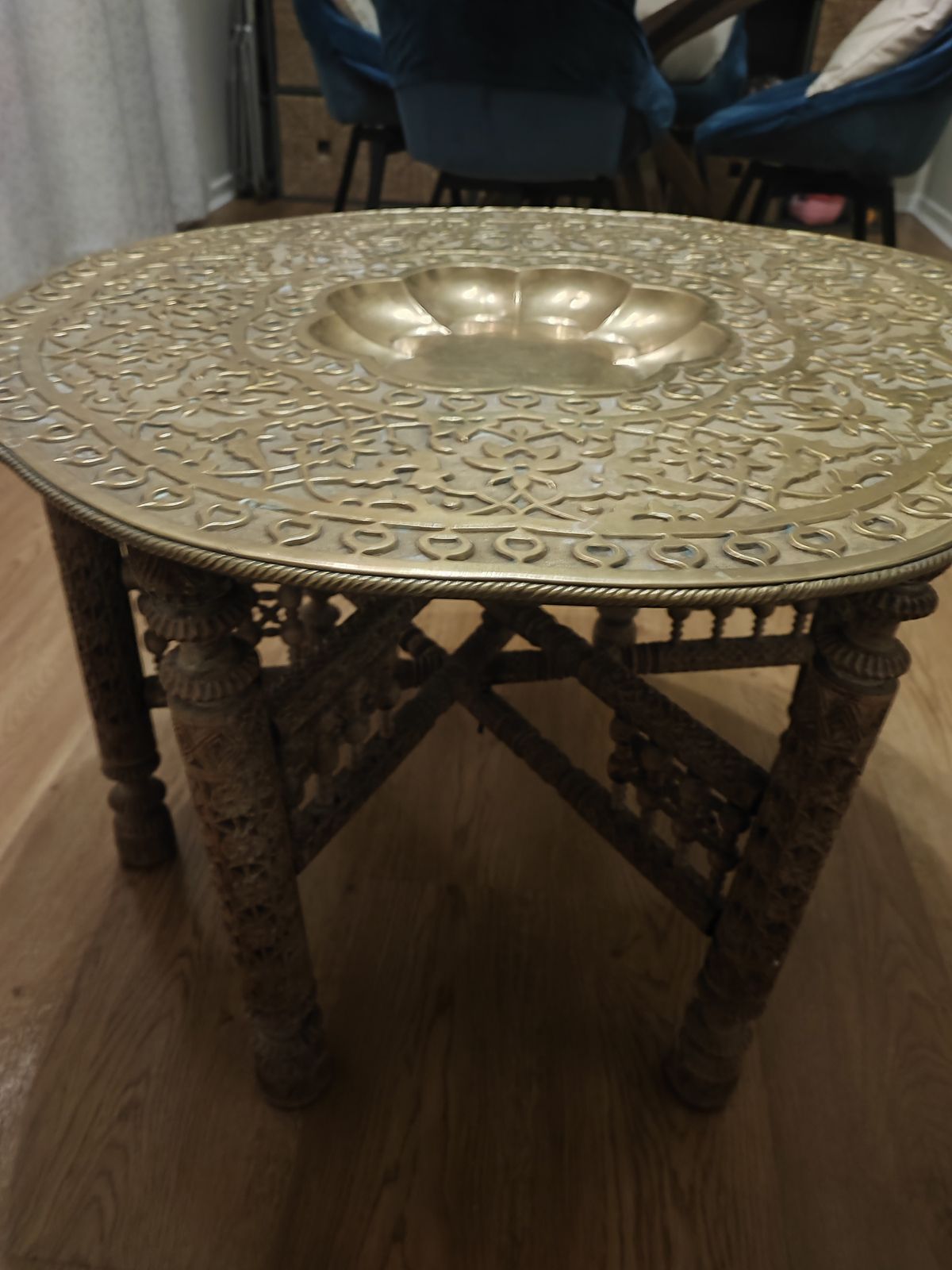 Anglo Indian Intricately Carved Table With Decorative Brass Top