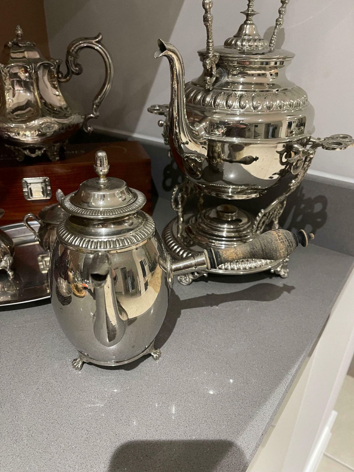 1636.0 Silver Plated Tea Set, Exclusive Antique 3 Parts Kettle Coffee Pot, Warmer Set photo