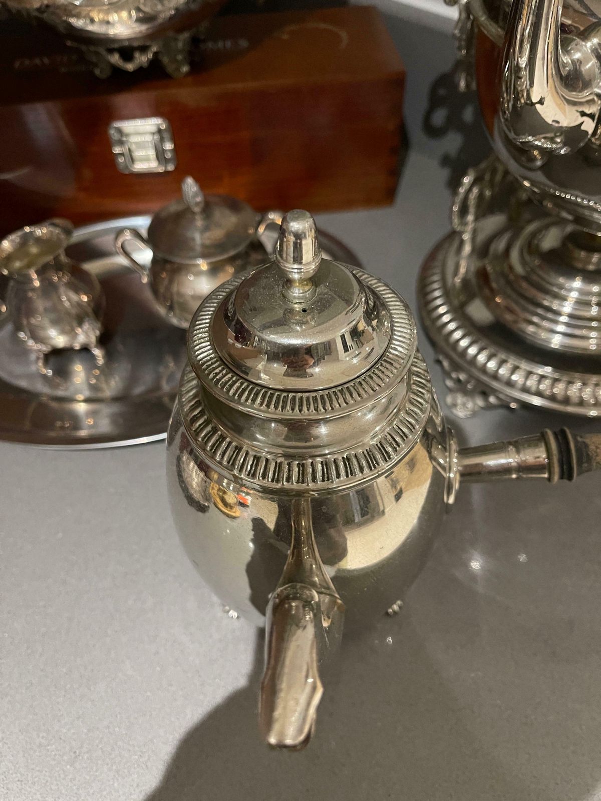 photo vinterior Silver Plated Tea Set, Exclusive Antique 3 Parts Kettle Coffee Pot, Warmer Set