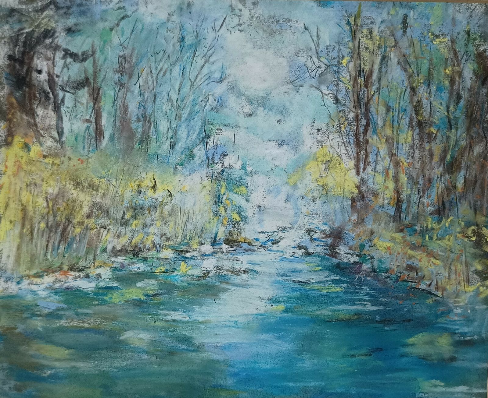Original Pastel Painting Arizona Blue Stream In Forest Scene Artist Signed. photo 130.0