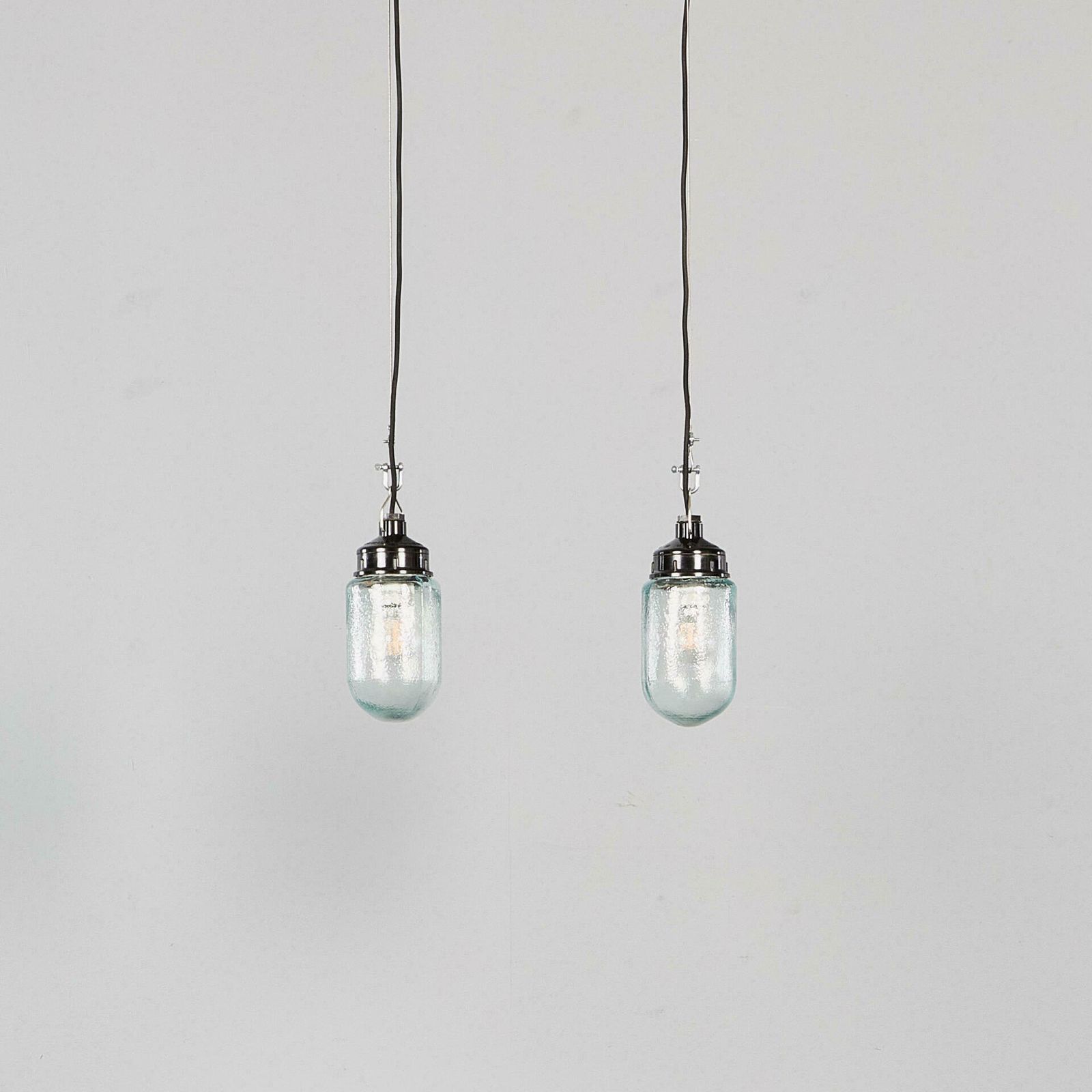 1950’s New Old Stock Clear Mottled Cylinder Pendant Lamps – Unique Pair