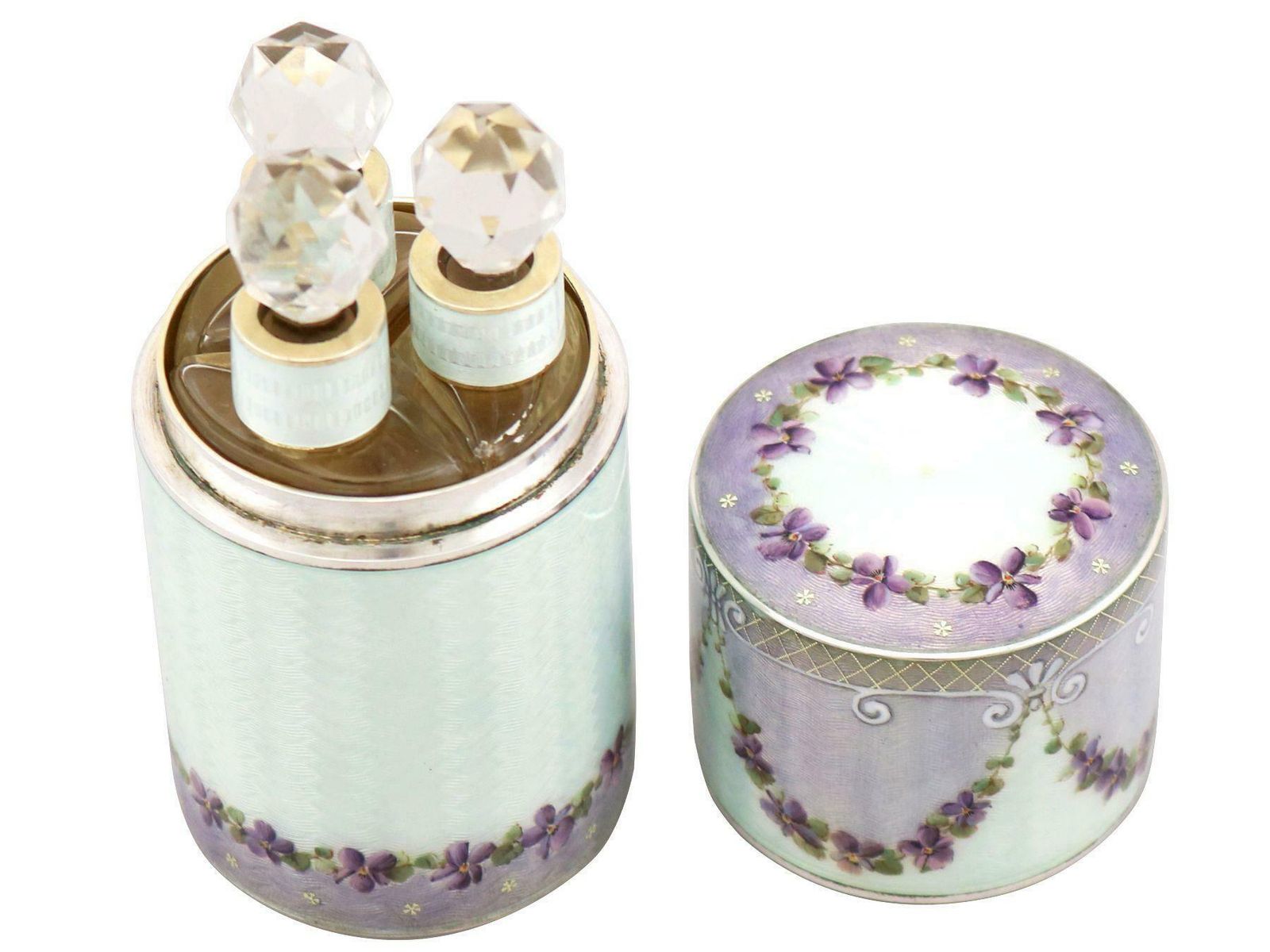 Antique Boxed 1912 Sterling Silver Enamel And Glass Scent Bottles photo buy