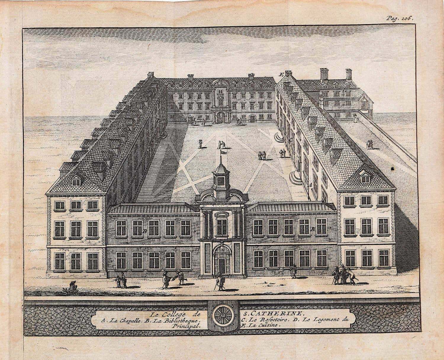 Pieter Van Der Aa, St Catharine's, Cambridge Engraving Pieter Van Der Aa After David Loggan 1727
