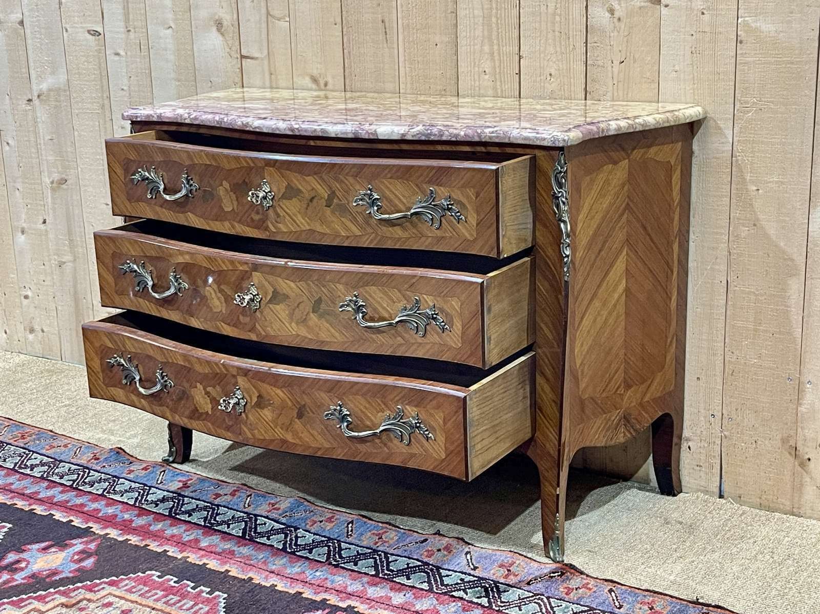 Louis XV Style Chest Of Drawers In Rosewood, Oak And Marble photo for sale