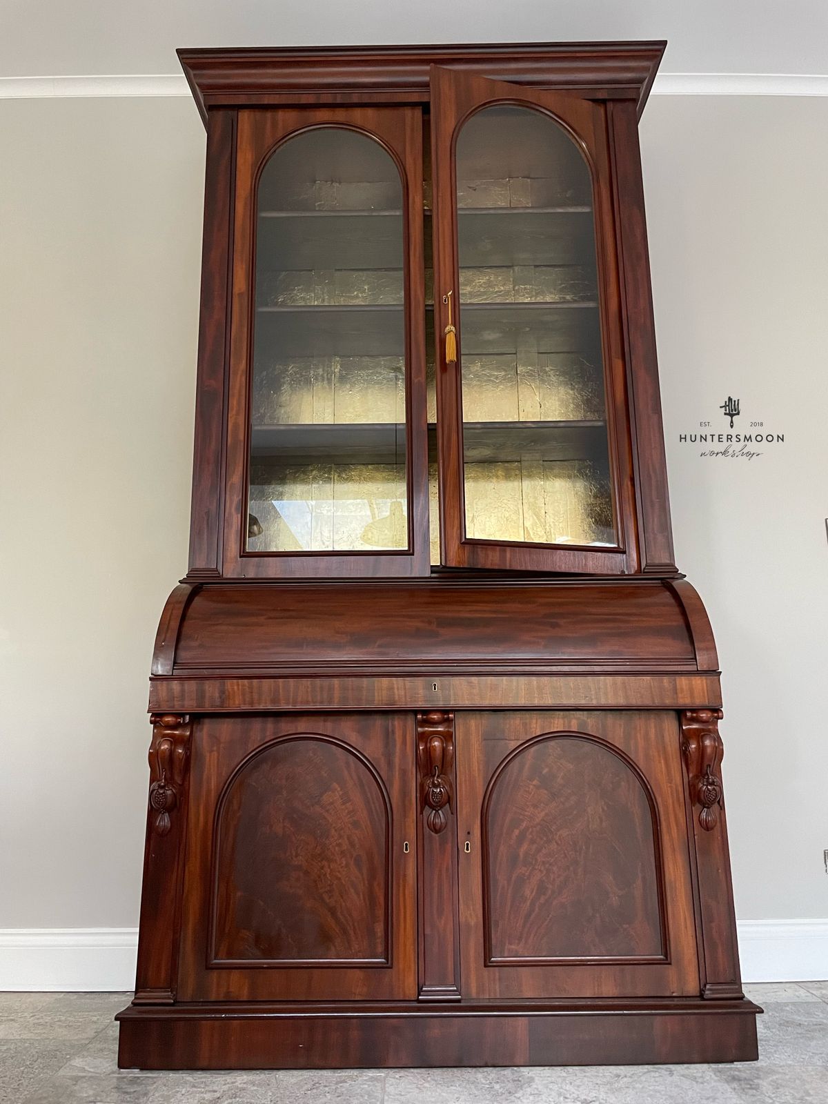 Victorian Mahogany Cylinder Writing Bureau With Glazed Bookcase, Circa 1880 photo furniture