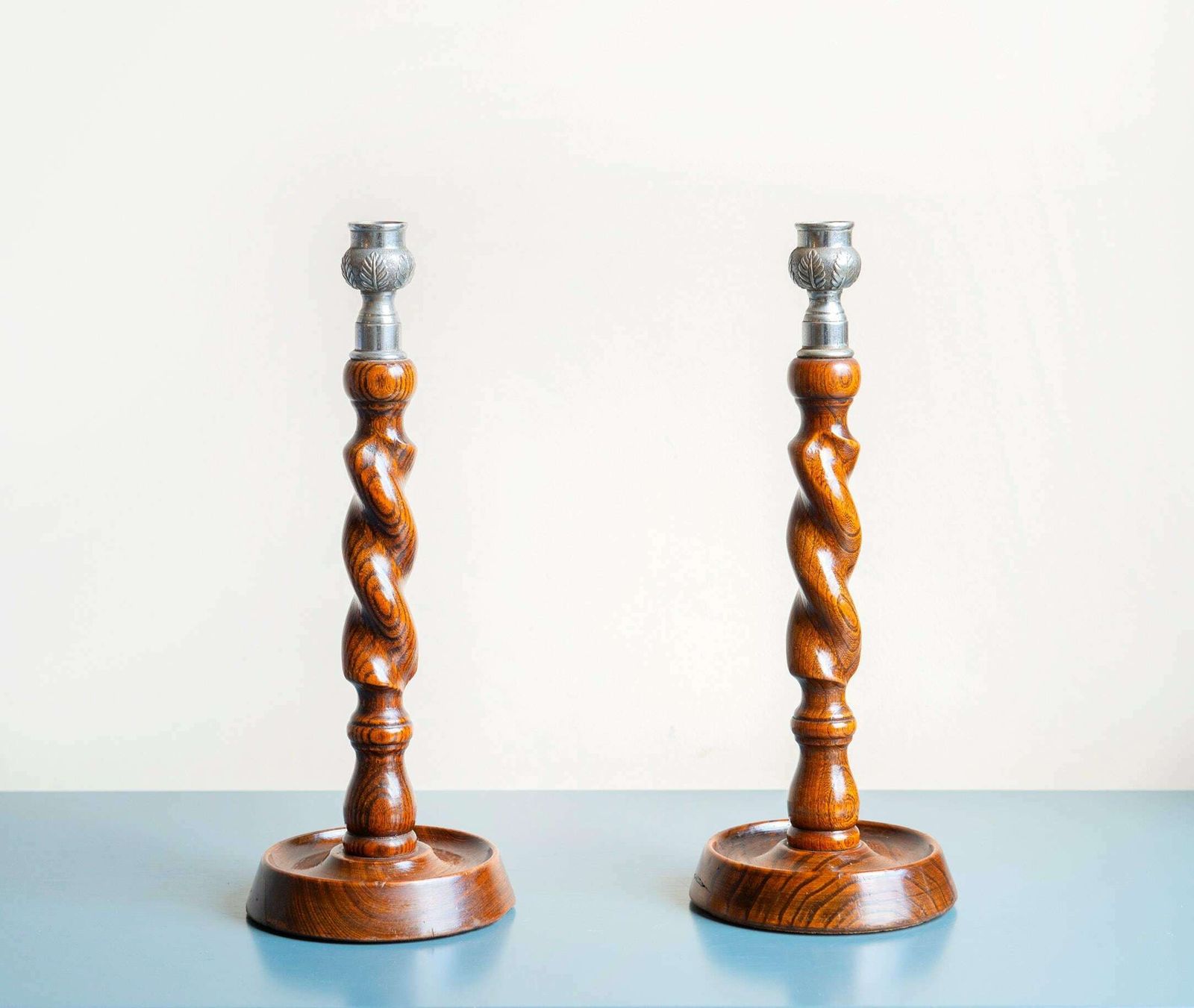 Two Antique Barley Twist Candle Holders, Turned Oak Wooden Candlesticks, English Victorian Candle Stand Pair, Rustic Home Decor