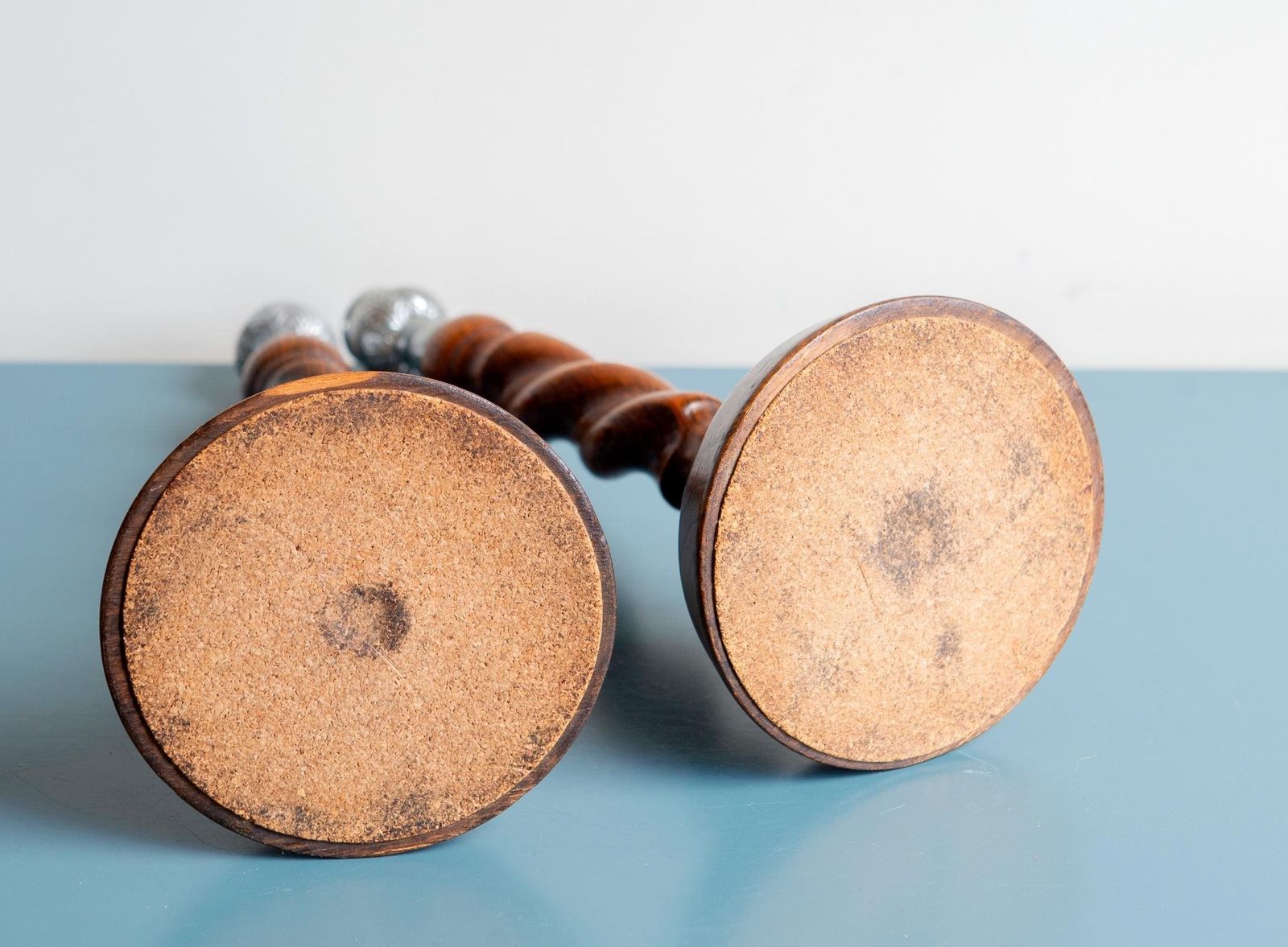 photo for sale Two Antique Barley Twist Candle Holders, Turned Oak Wooden Candlesticks, English Victorian Candle Stand Pair, Rustic Home Decor