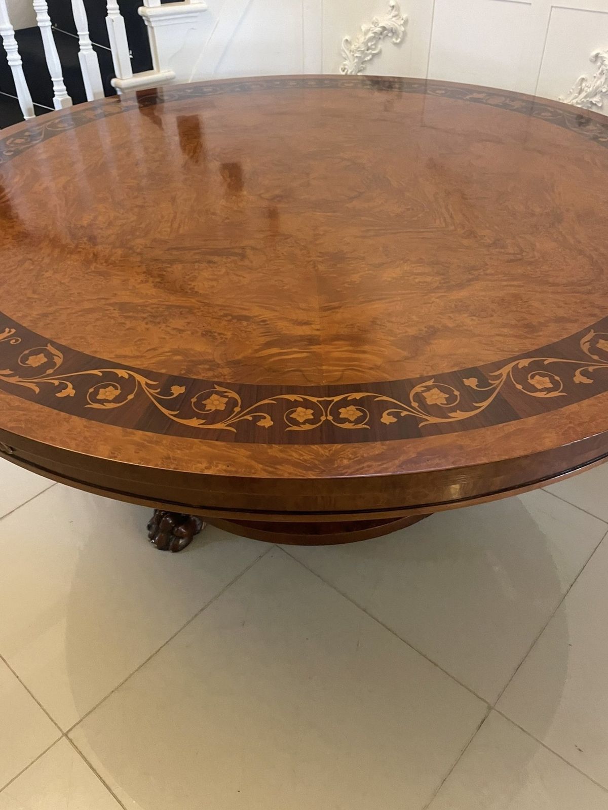 photo for sale Magnificent Quality 8/10 Seater Antique Burr Walnut Marquetry Inlaid Carved Gilded Dining Table
